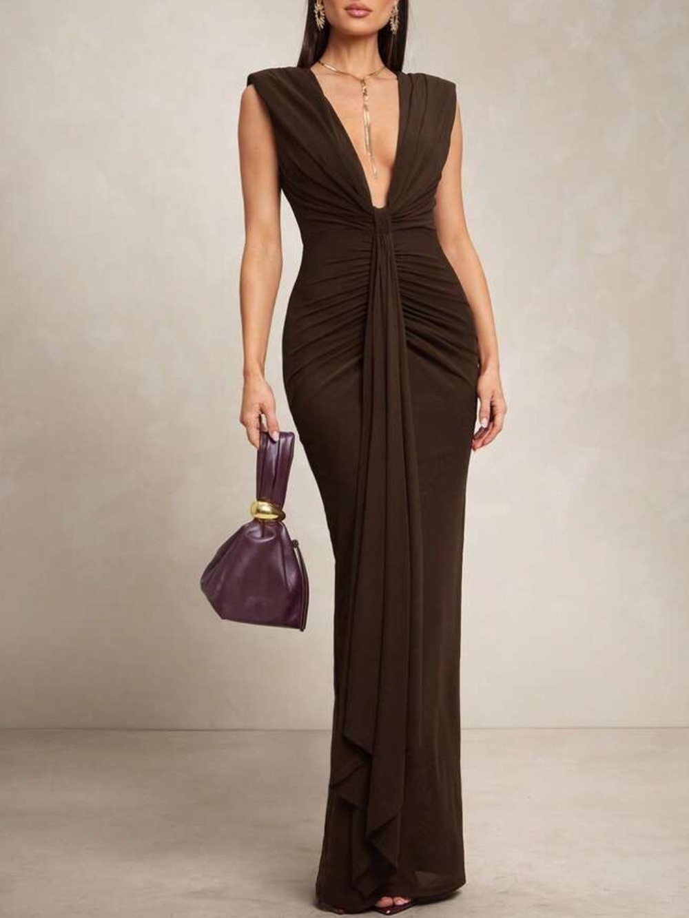Brown Plunging V Neckline Bodycon Maxi Dress